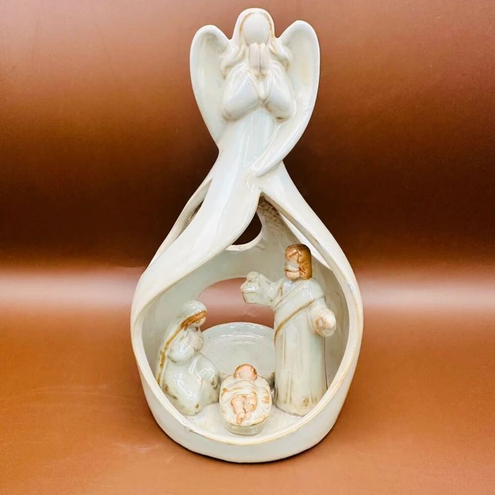 Ceramic Pottery Angel Nativity Tea Light Candle Holder